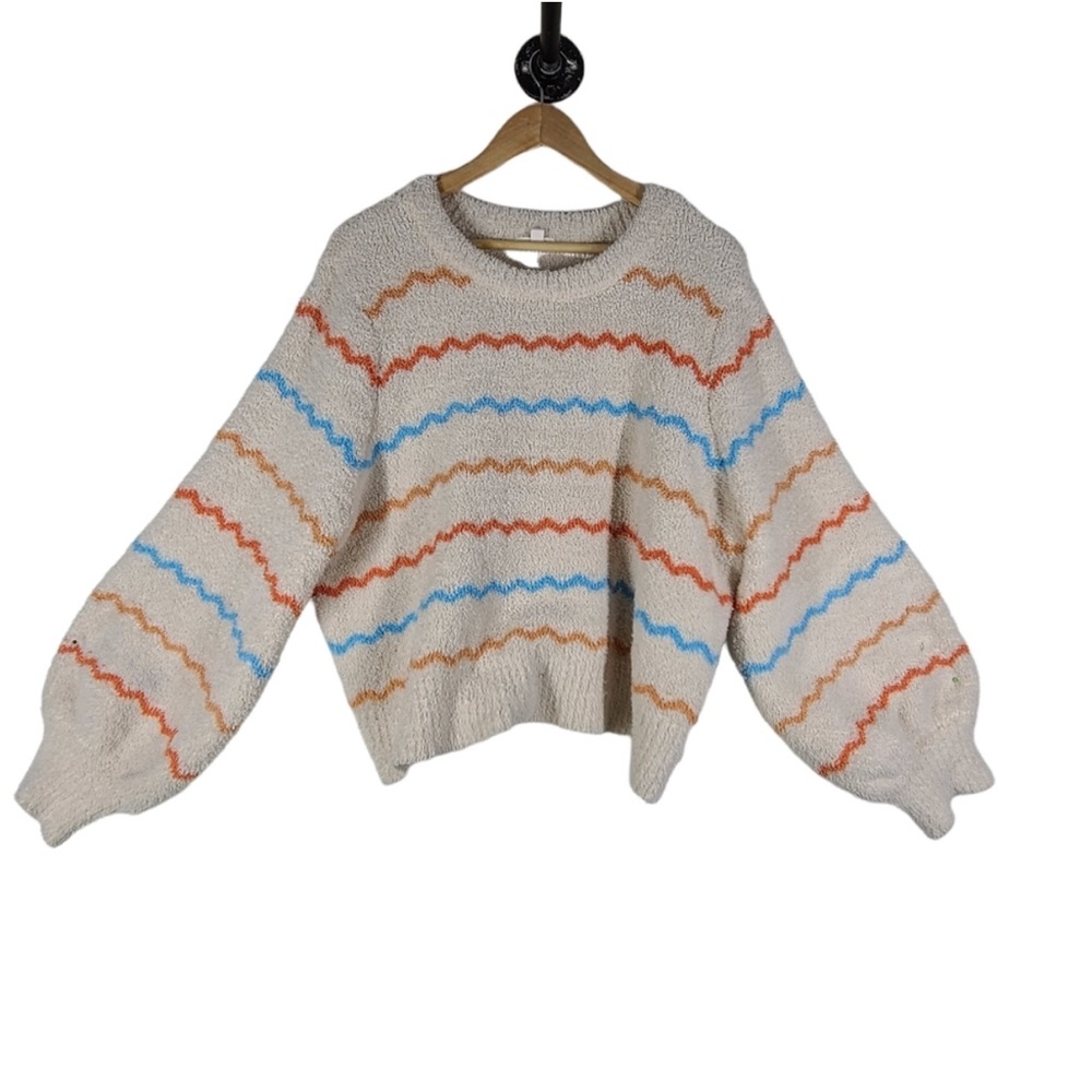 Lauren Conrad  XXL Sweater Soft Striped Balloon Sleeves Blue Orange Ivory.